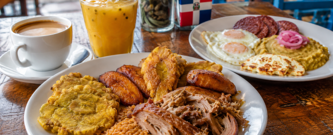 Dominican breakfast spread on rustic table