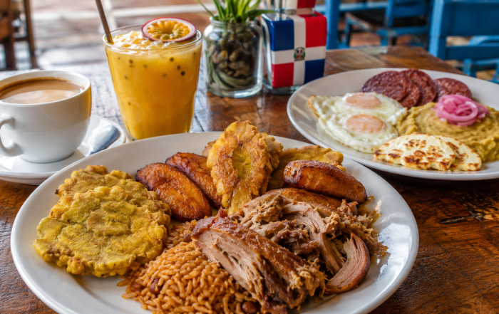 Dominican breakfast spread on rustic table