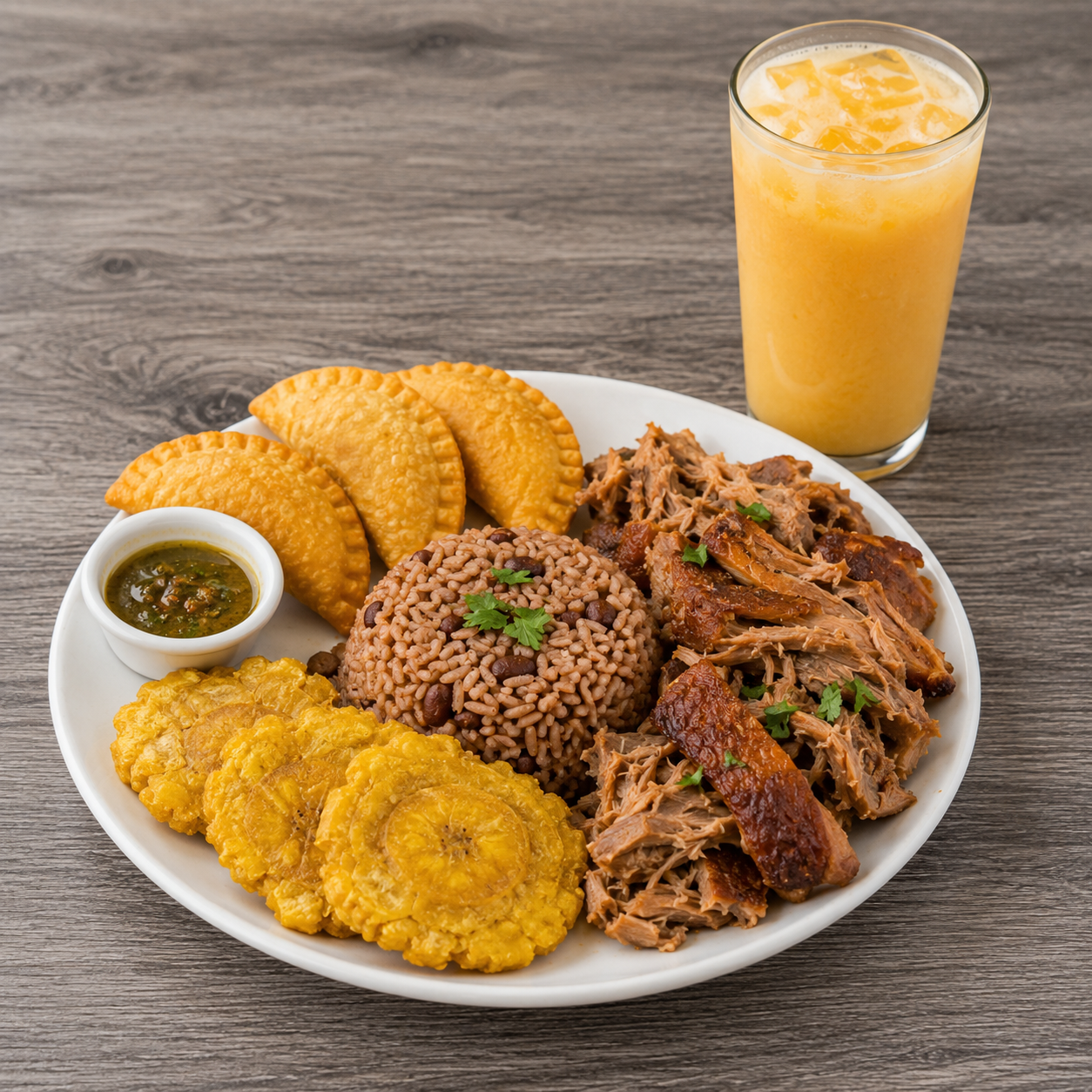 Pernil, rice, empanadas, and a house-made drink at The Dominican Spot in Lake Worth Beach