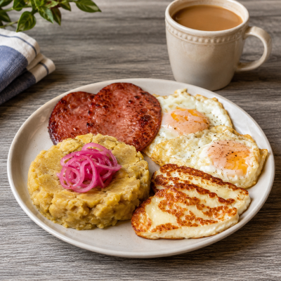 Mangú, Tres Golpes, and café con leche at The Dominican Spot in Lake Worth Beach