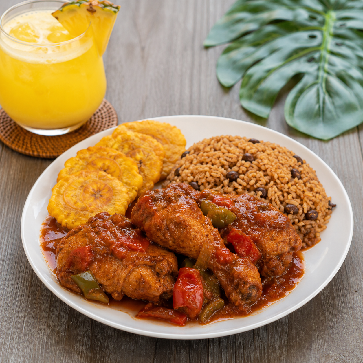 Pollo guisado with rice, tostones, and a tropical house-made drink at The Dominican Spot in Lake Worth Beach